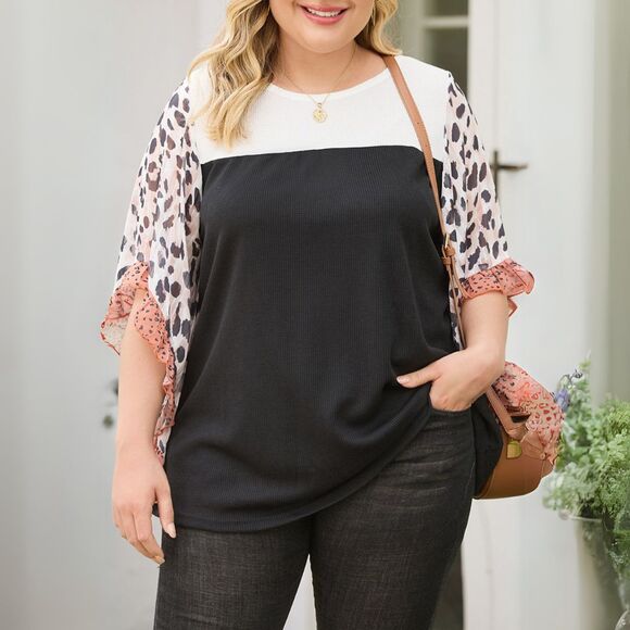 Blouse Women Boutique Colorblock Contrast Panel Flowy Leopard Ruffle Cuff Sleeve - Picture 16 of 16